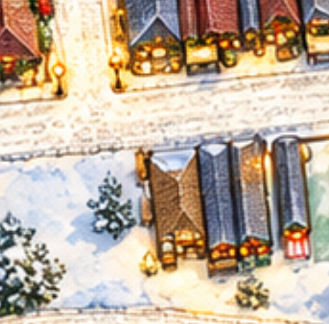 Winter illustration of the market area beside First Street; numbered booth locations are added separately.